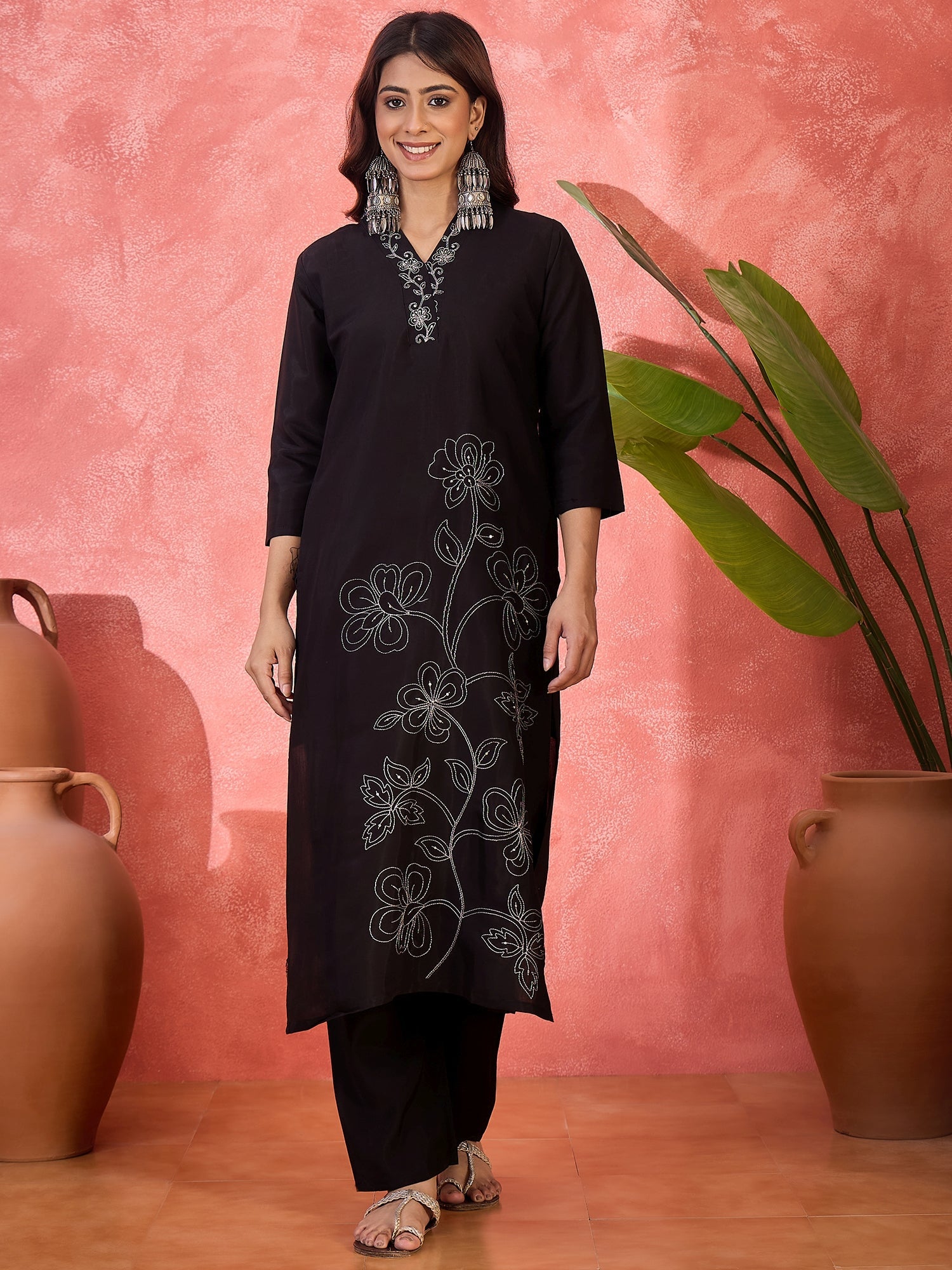 Joban Fashion Black Silk Embroidery Readymade Kurta Set - Distacart