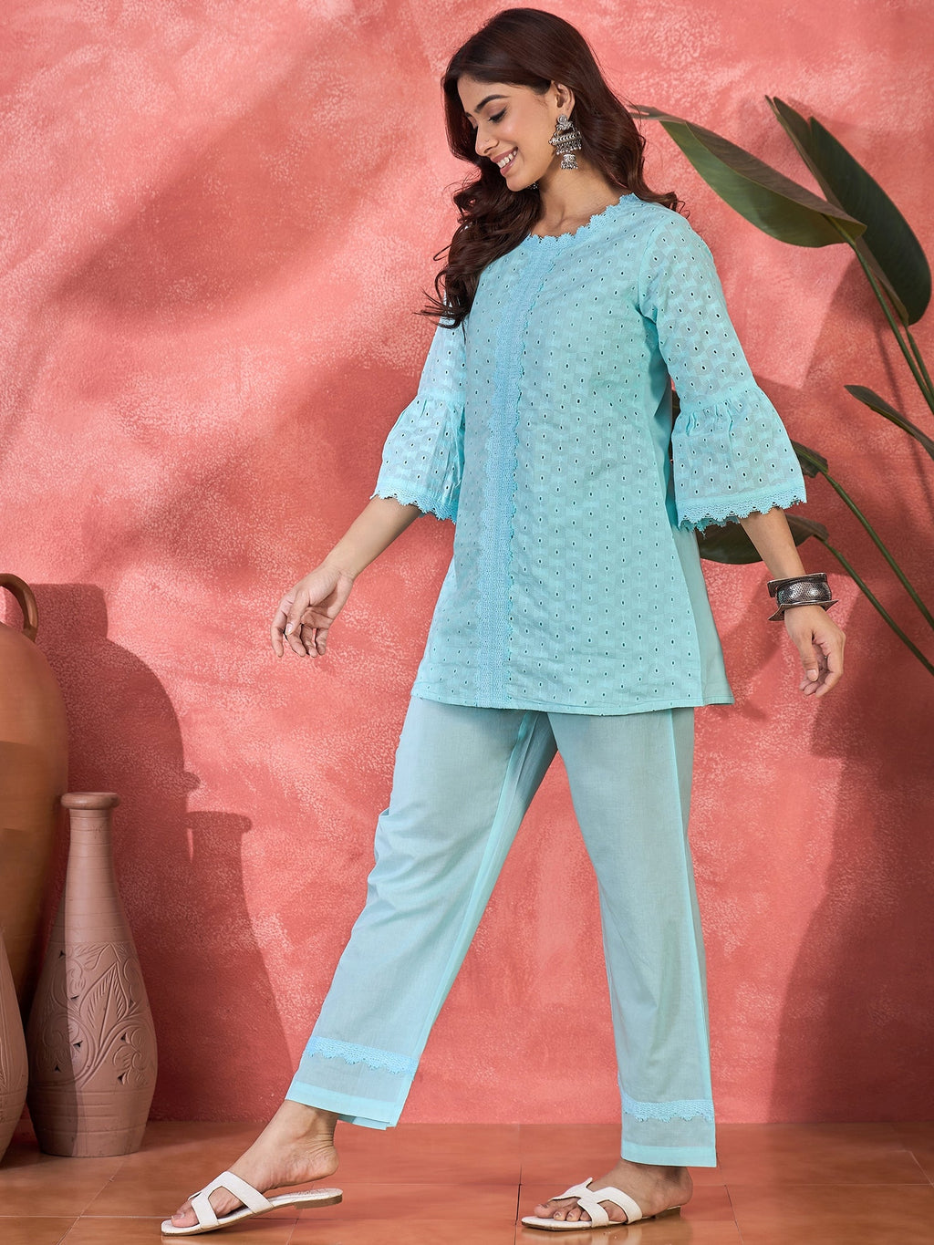 Joban Fashion Sky Blue Cotton Embroidery Readymade Kurta Set - Distacart