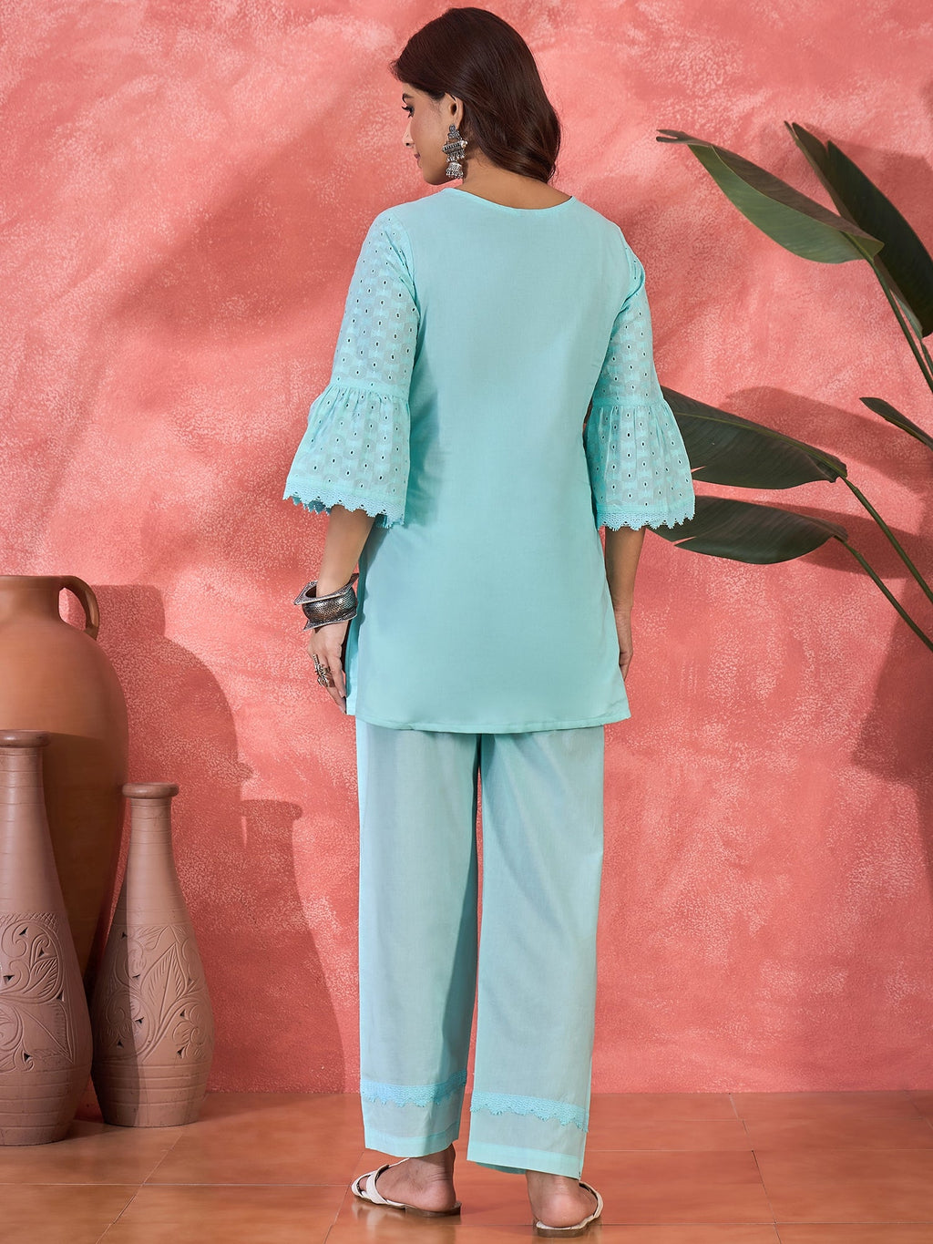 Joban Fashion Sky Blue Cotton Embroidery Readymade Kurta Set - Distacart