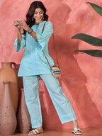 Joban Fashion Sky Blue Cotton Embroidery Readymade Kurta Set - Distacart