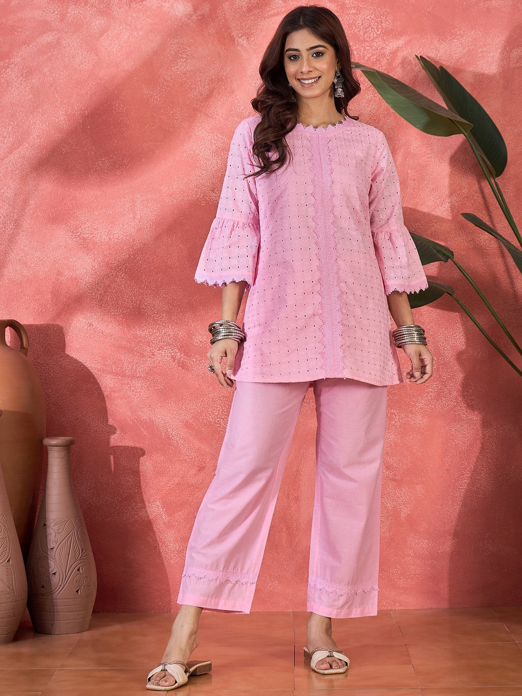 Joban Fashion Pink Cotton Embroidery Readymade Kurta Set - Distacart