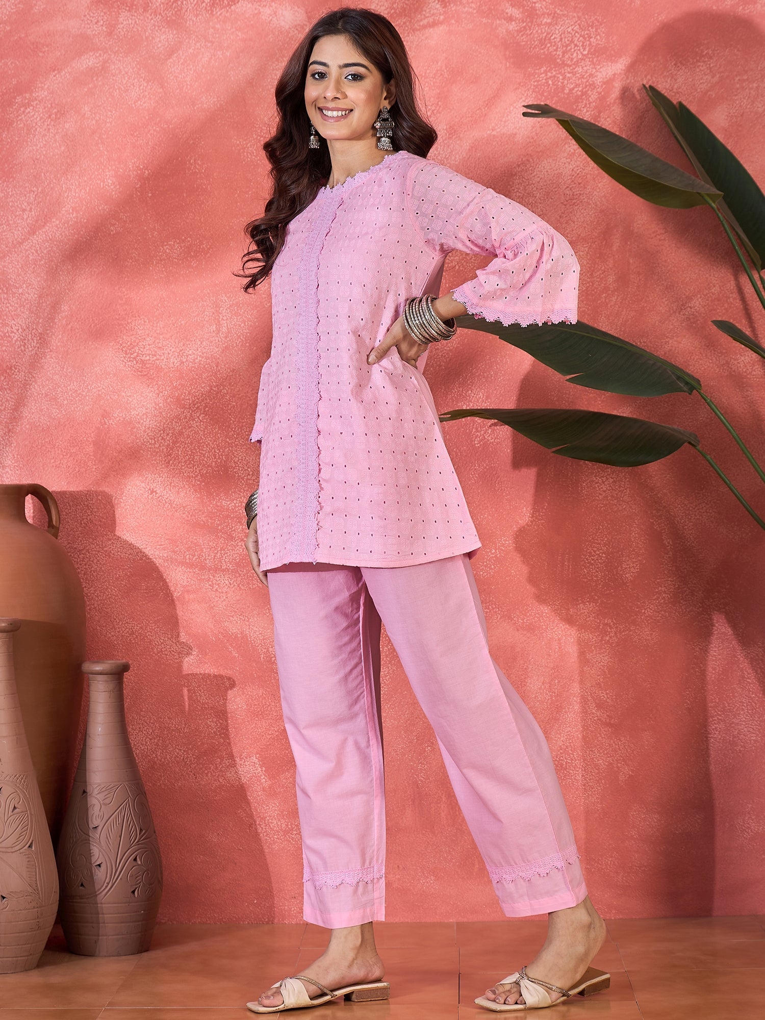 Joban Fashion Pink Cotton Embroidery Readymade Kurta Set - Distacart