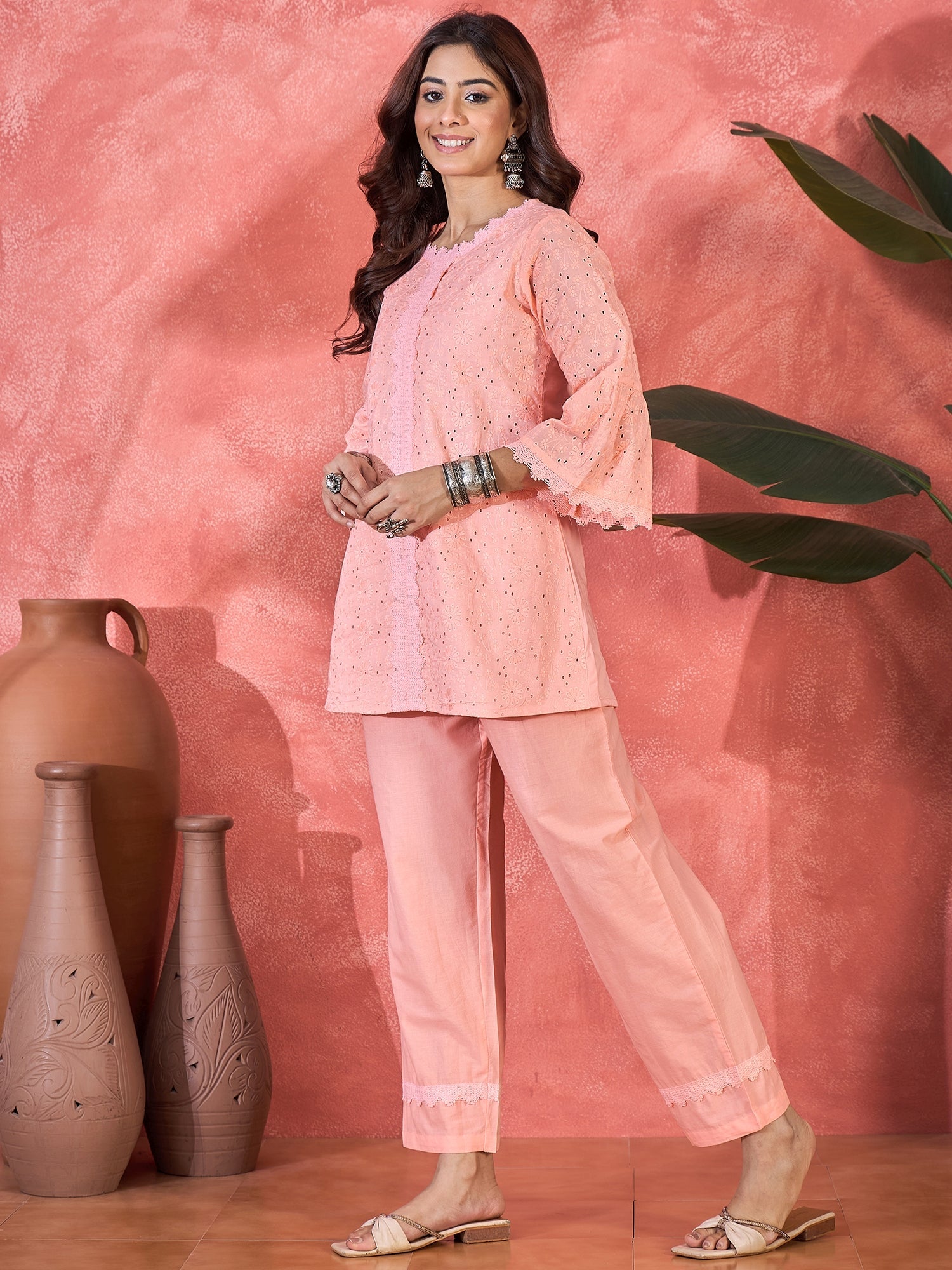 Joban Fashion Peach Cotton Embroidery Readymade Kurta Set - Distacart