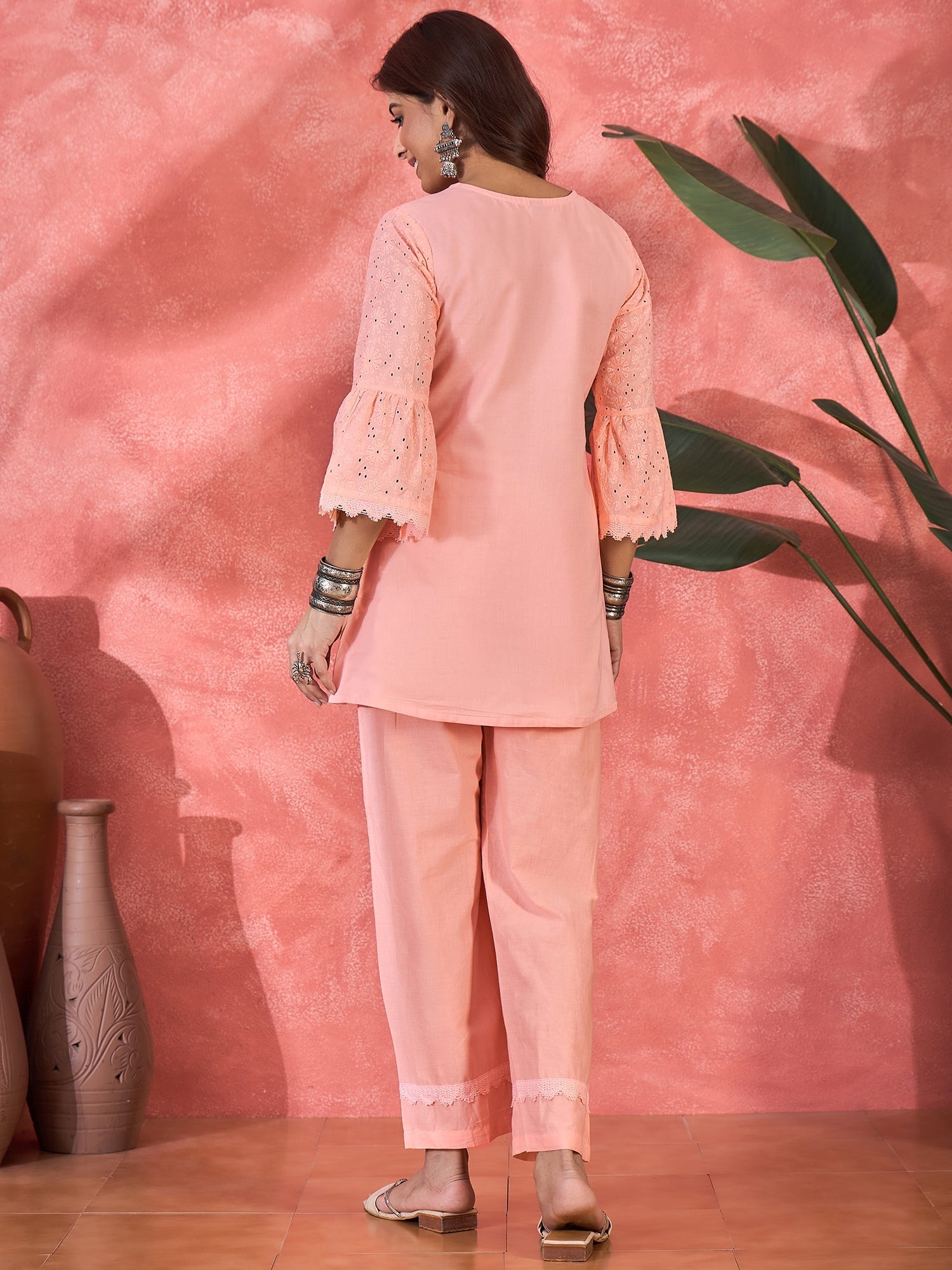 Joban Fashion Peach Cotton Embroidery Readymade Kurta Set - Distacart