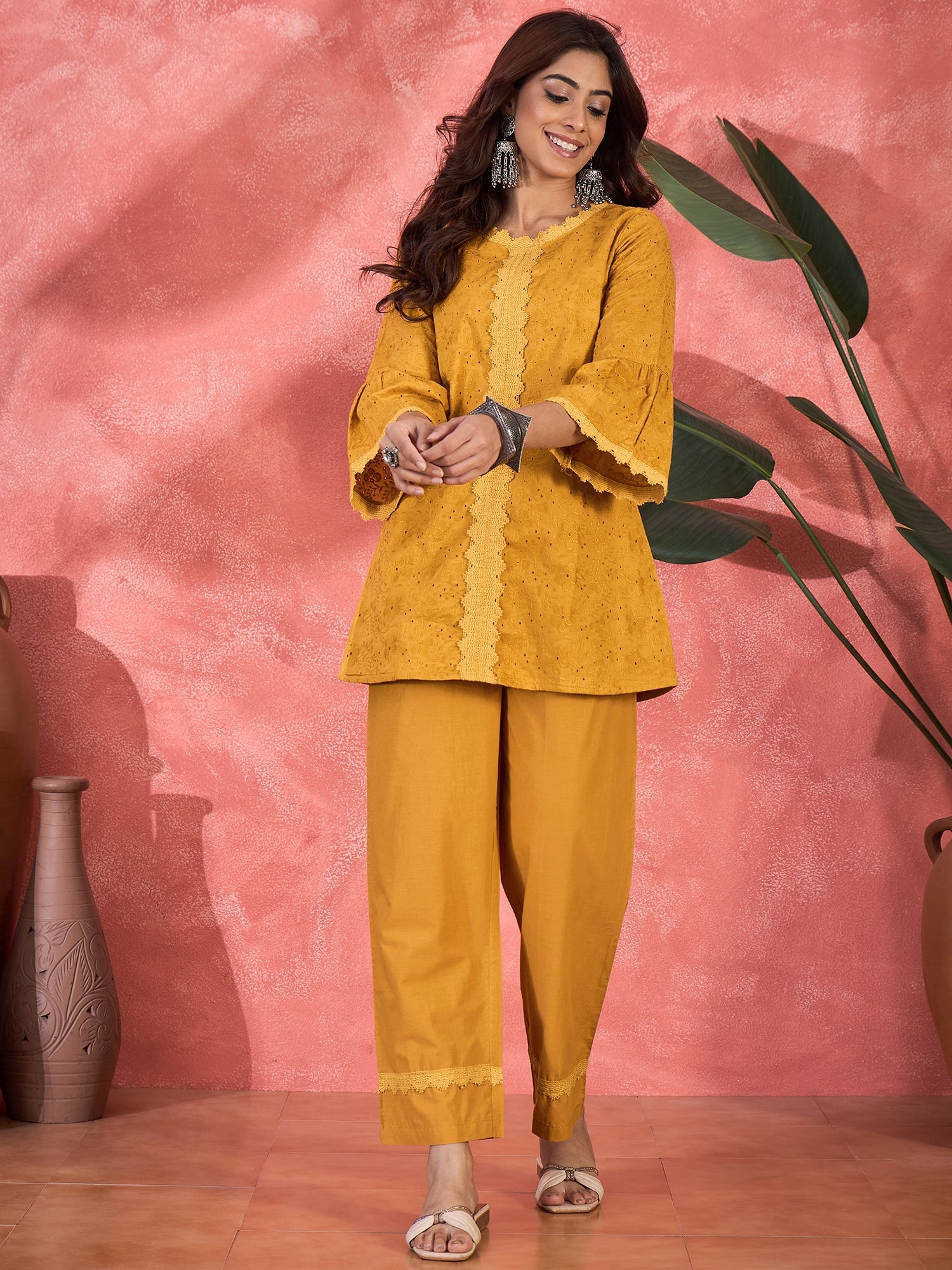 Joban Fashion Mustard Cotton Embroidery Readymade Kurta Set - Distacart