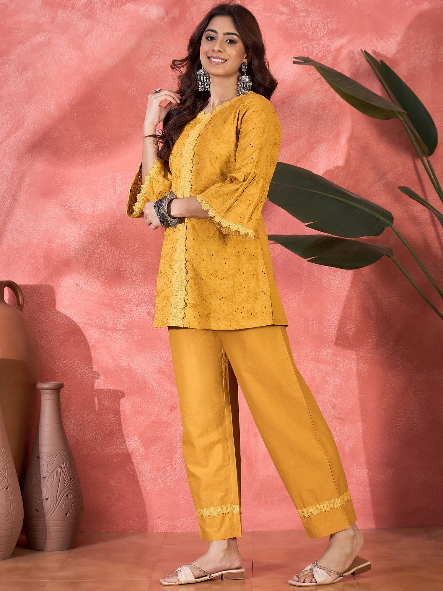 Joban Fashion Mustard Cotton Embroidery Readymade Kurta Set - Distacart