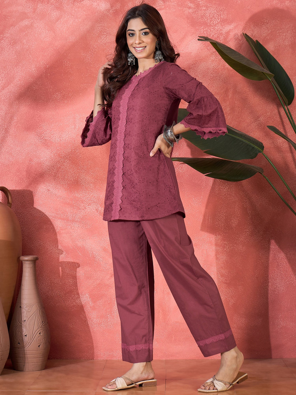 Joban Fashion Maroon Cotton Embroidery Readymade Kurta Set - Distacart