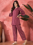 Joban Fashion Maroon Cotton Embroidery Readymade Kurta Set - Distacart