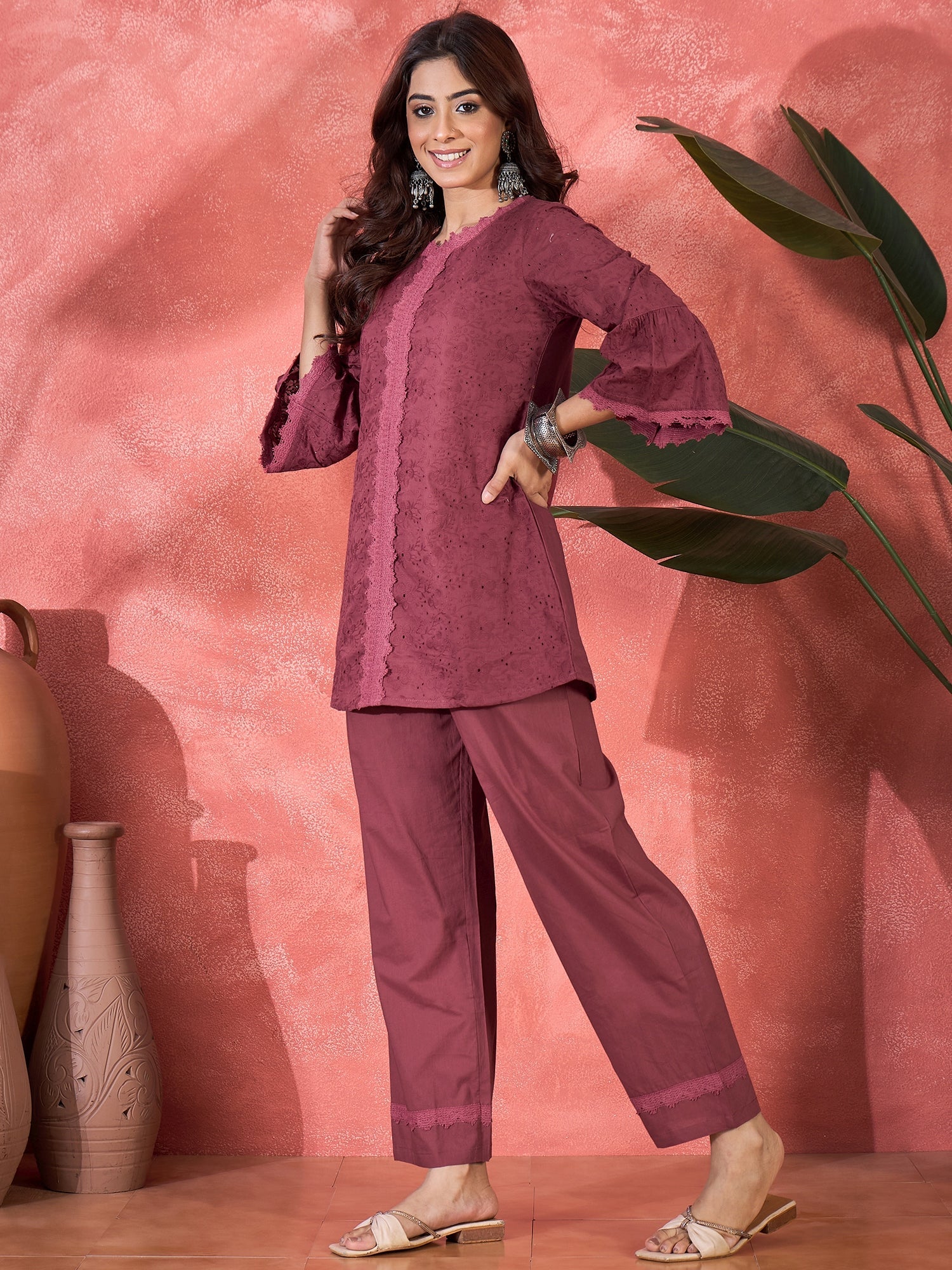 Joban Fashion Maroon Cotton Embroidery Readymade Kurta Set - Distacart