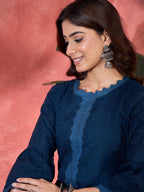 Joban Fashion Navy Blue Cotton Embroidery Readymade Kurta Set - Distacart