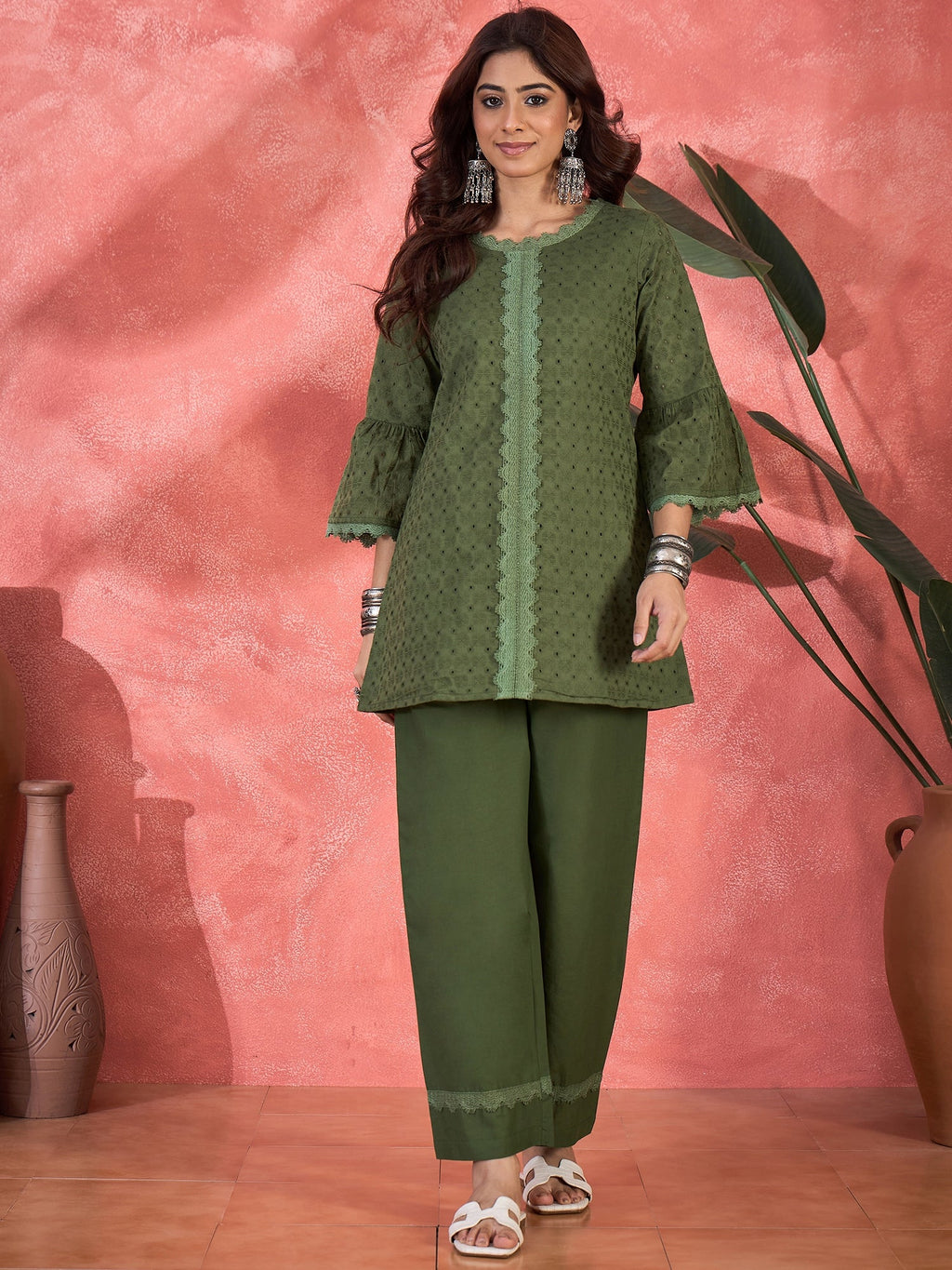 Joban Fashion Green Cotton Embroidery Readymade Kurta Set - Distacart