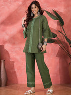 Joban Fashion Green Cotton Embroidery Readymade Kurta Set - Distacart