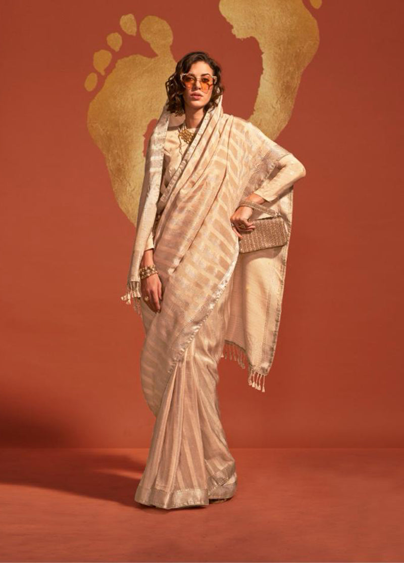 Monjolika Fashion Beige Color Viscose Handloom Silk Weaving Saree With Blouse