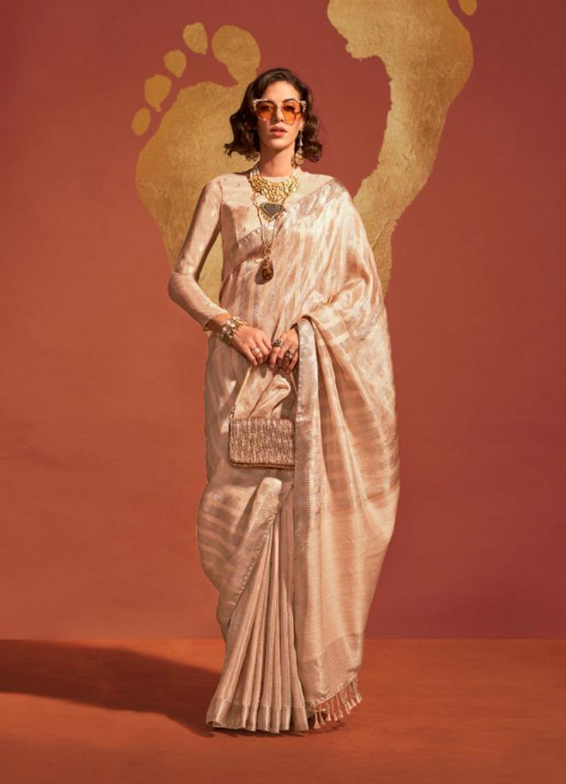 Monjolika Fashion Beige Color Viscose Handloom Silk Weaving Saree With Blouse