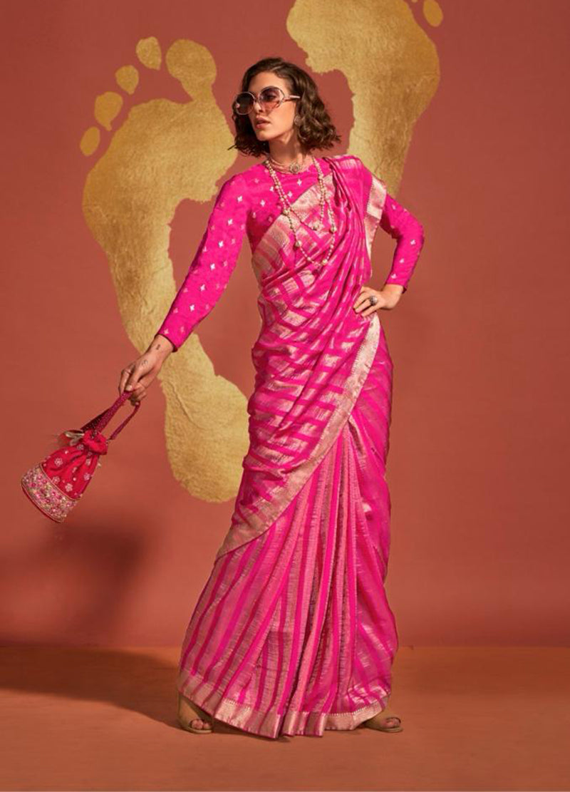 Monjolika Fashion Magenta Color Viscose Handloom Silk Weaving Saree With Blouse - Distacart