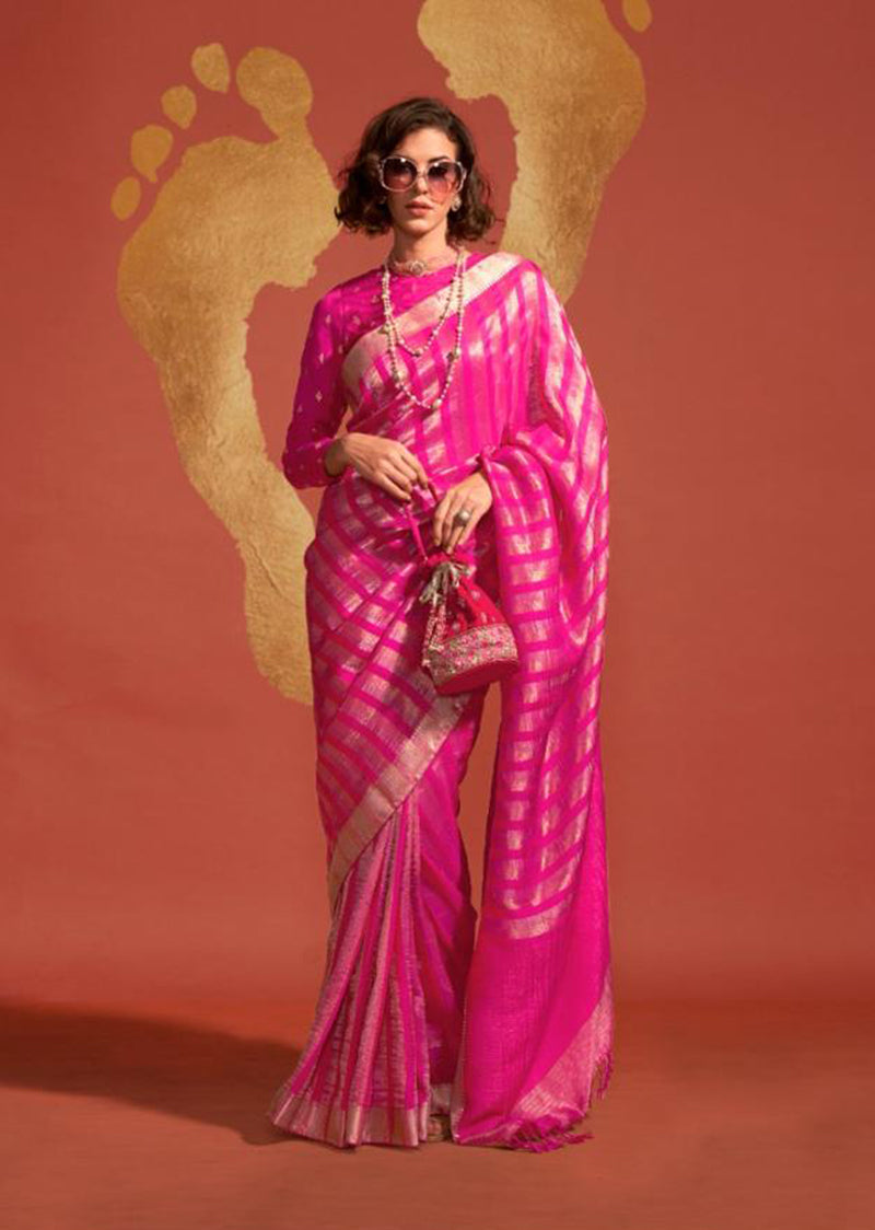 Monjolika Fashion Magenta Color Viscose Handloom Silk Weaving Saree With Blouse - Distacart