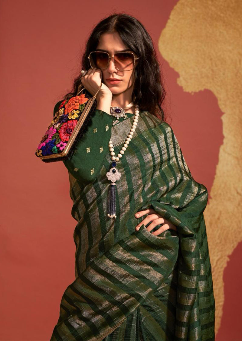 Monjolika Fashion Dark Green Color Viscose Handloom Silk Weaving Saree With Blouse