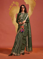 Monjolika Fashion Dark Green Color Viscose Handloom Silk Weaving Saree With Blouse