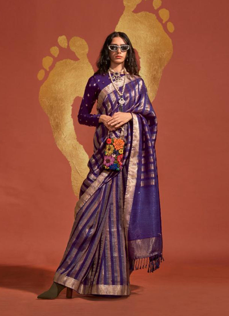 Monjolika Fashion Dark Violet Color Viscose Handloom Silk Weaving Saree With Blouse - Distacart