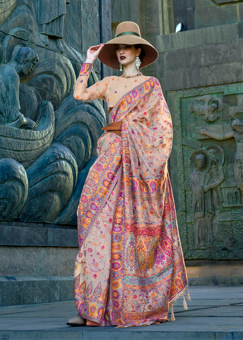 Monjolika Fashion Beige Color Kashmiri Organza Pashmina Silk Saree With Blouse - Distacart