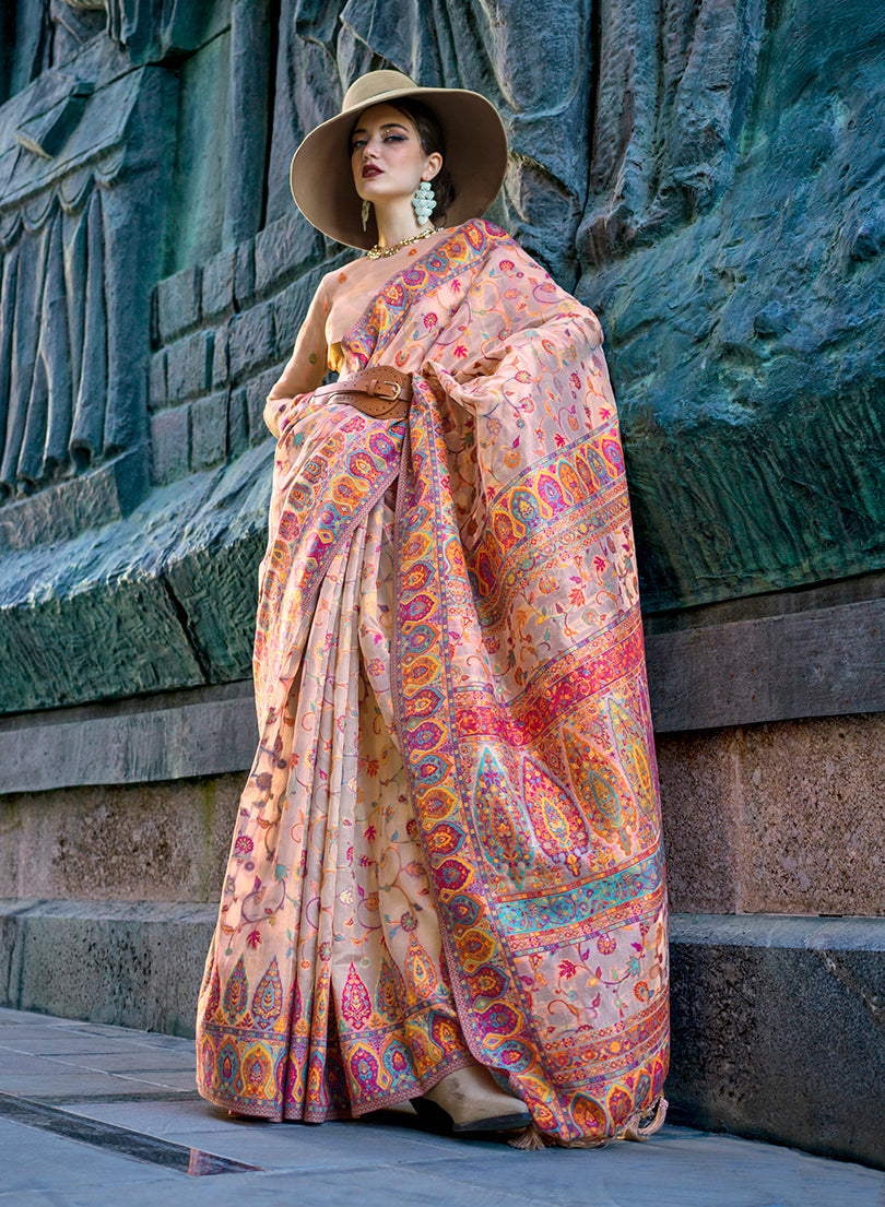 Monjolika Fashion Beige Color Kashmiri Organza Pashmina Silk Saree With Blouse - Distacart
