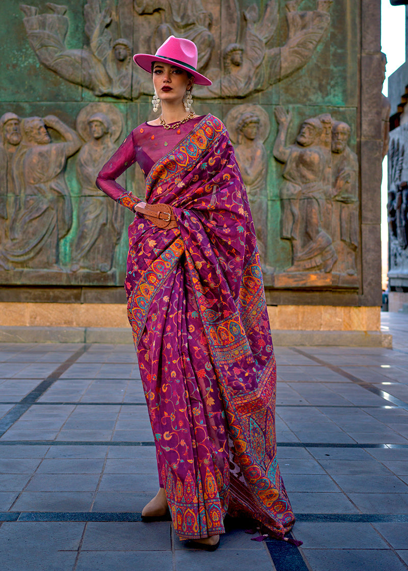 Monjolika Fashion Dark Purple Color Kashmiri Organza Pashmina Silk Saree With Blouse
