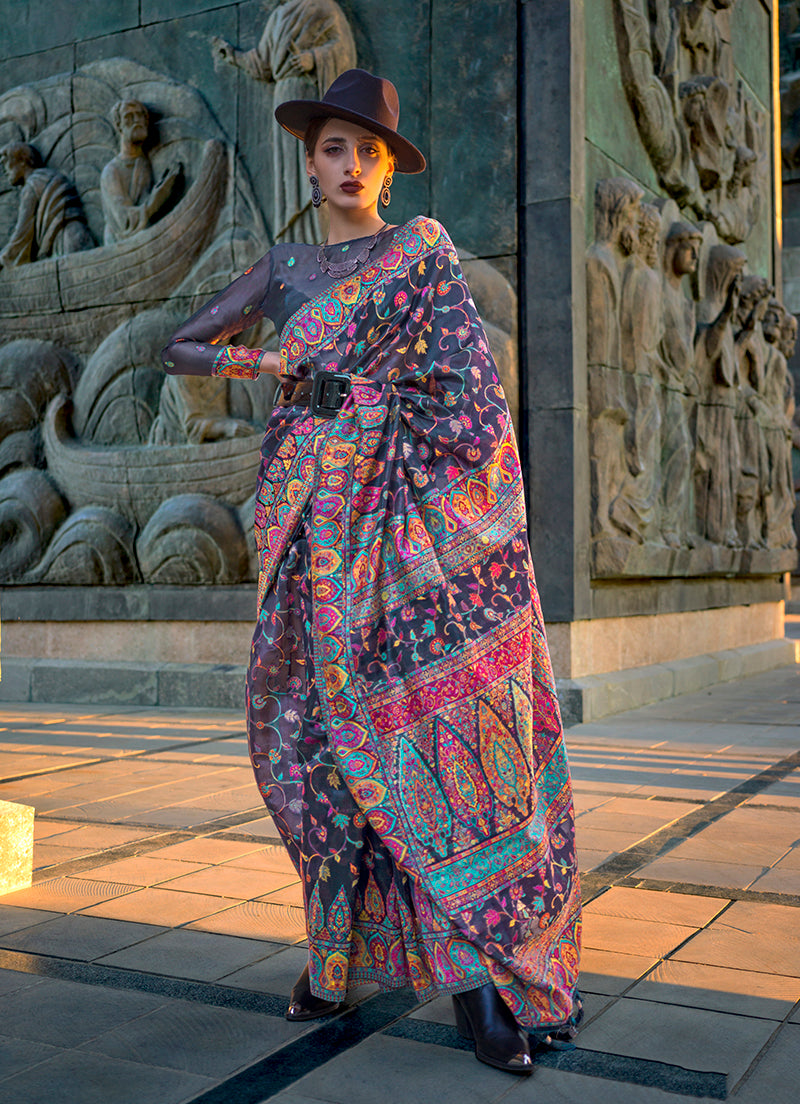 Monjolika Fashion Navy Blue Color Kashmiri Organza Pashmina Silk Saree With Blouse - Distacart