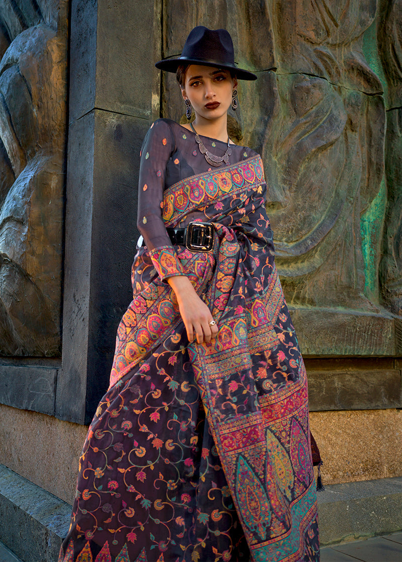 Monjolika Fashion Navy Blue Color Kashmiri Organza Pashmina Silk Saree With Blouse - Distacart