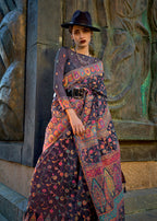 Monjolika Fashion Navy Blue Color Kashmiri Organza Pashmina Silk Saree With Blouse - Distacart