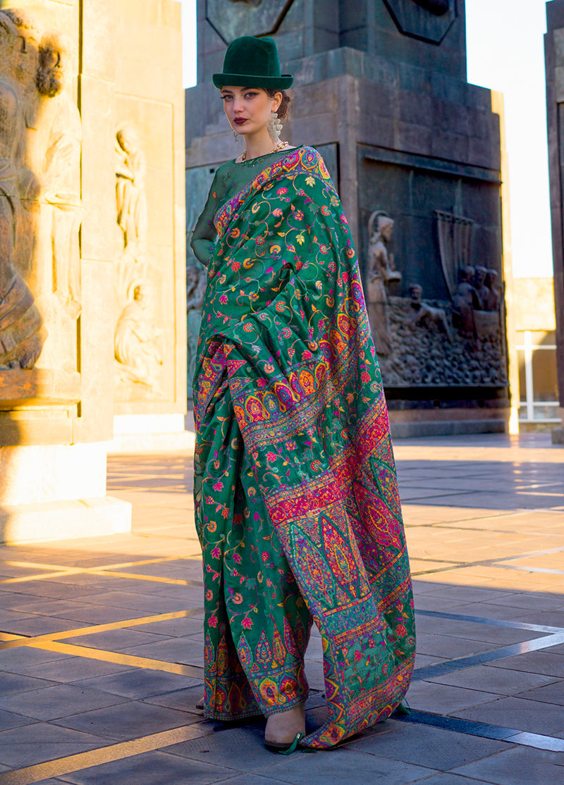Monjolika Fashion Green Color Kashmiri Organza Pashmina Silk Saree With Blouse