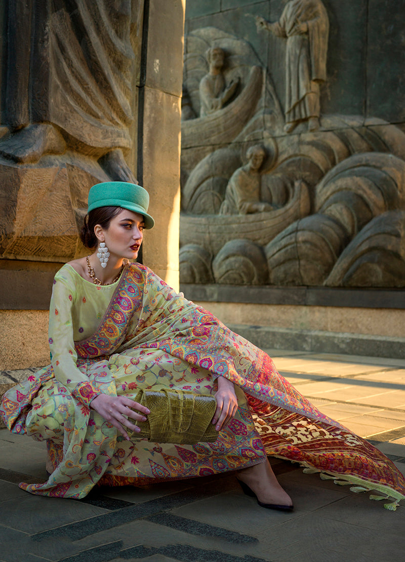 Monjolika Fashion Pear Green Color Kashmiri Organza Pashmina Silk Saree With Blouse - Distacart