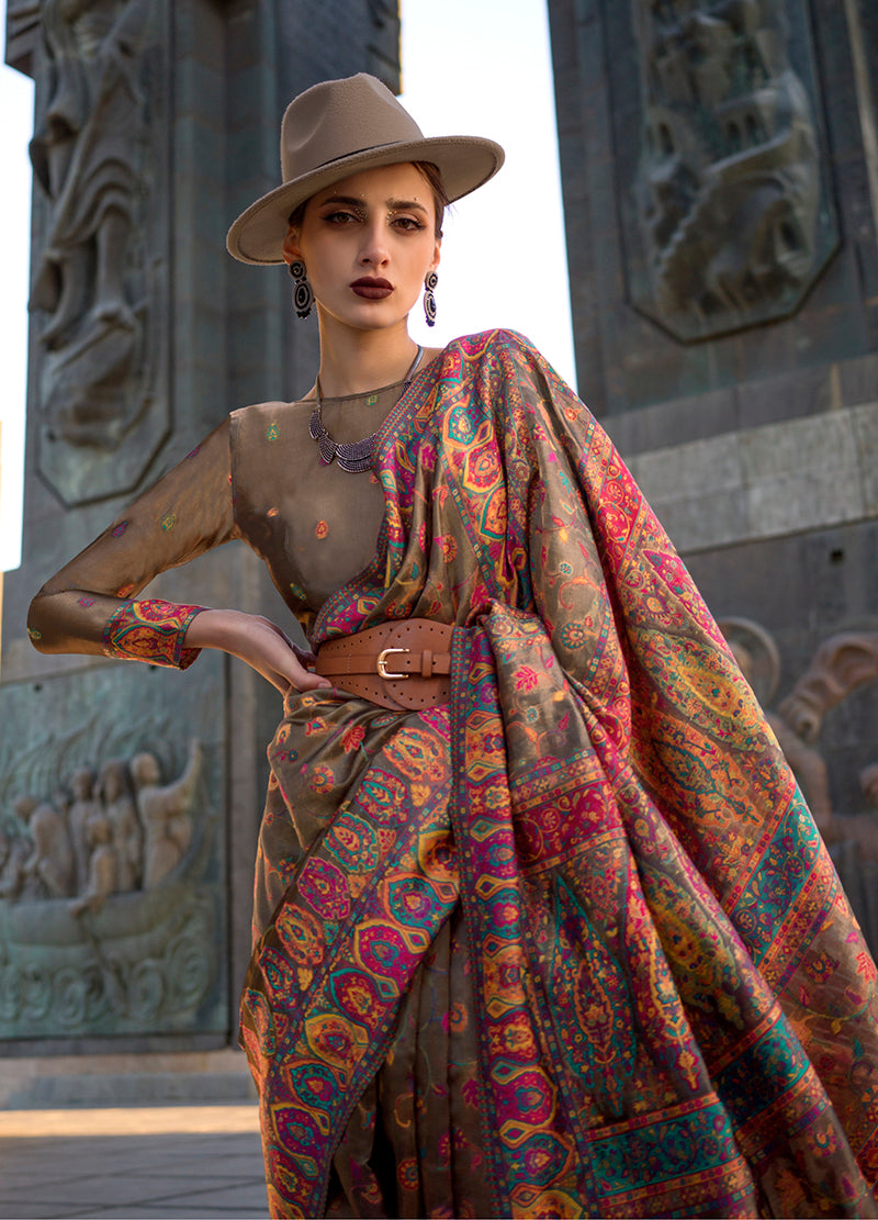 Monjolika Fashion Chikoo Color Kashmiri Organza Pashmina Silk Saree With Blouse - Distacart