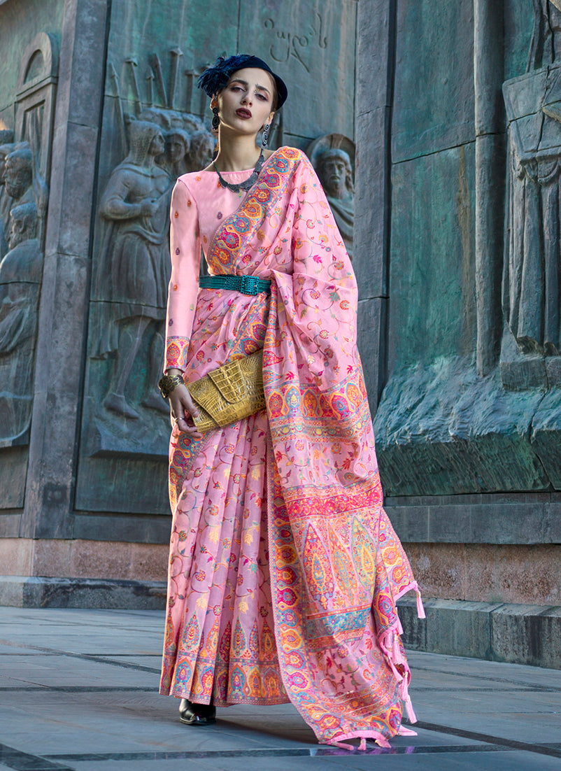 Monjolika Fashion Baby Pink Color Kashmiri Organza Pashmina Silk Saree With Blouse