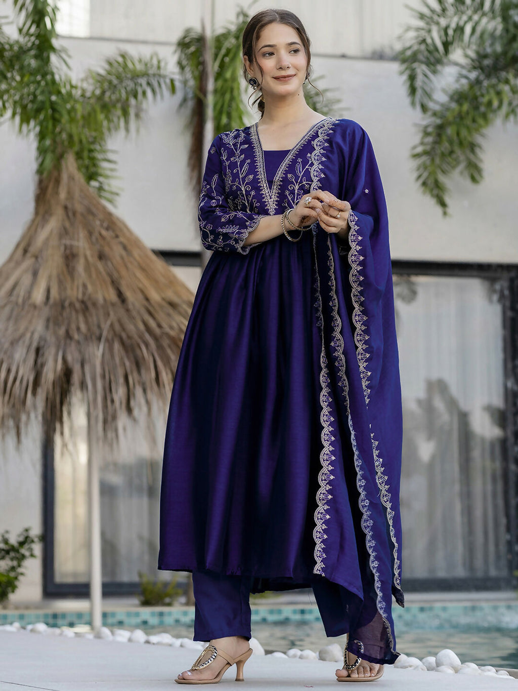 The52 Blue Women's Beautiful Embroidered Vichitra Silk Fabric with Flared Kurta, Pant and Dupatta Set - Distacart