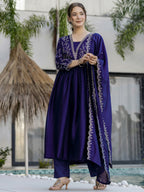 The52 Blue Women's Beautiful Embroidered Vichitra Silk Fabric with Flared Kurta, Pant and Dupatta Set - Distacart