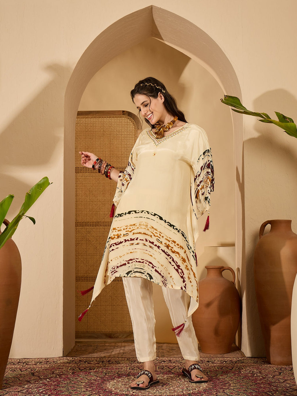 Joban Fashion Cream Silk Printed Readymade Kurta Set - Distacart