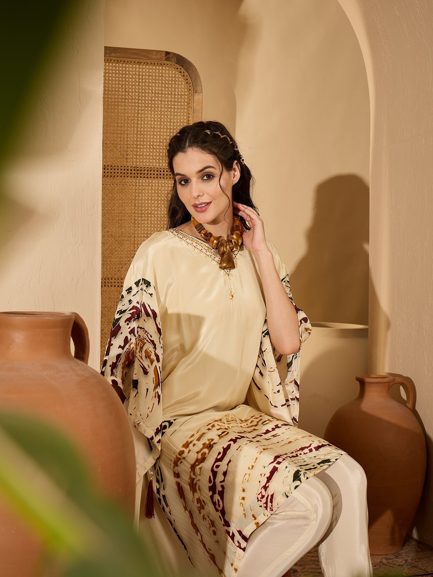 Joban Fashion Cream Silk Printed Readymade Kurta Set - Distacart