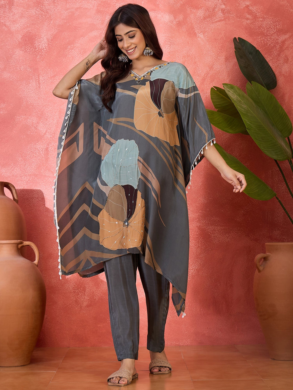 Joban Fashion Grey Silk Printed Readymade Kurta Set - Distacart
