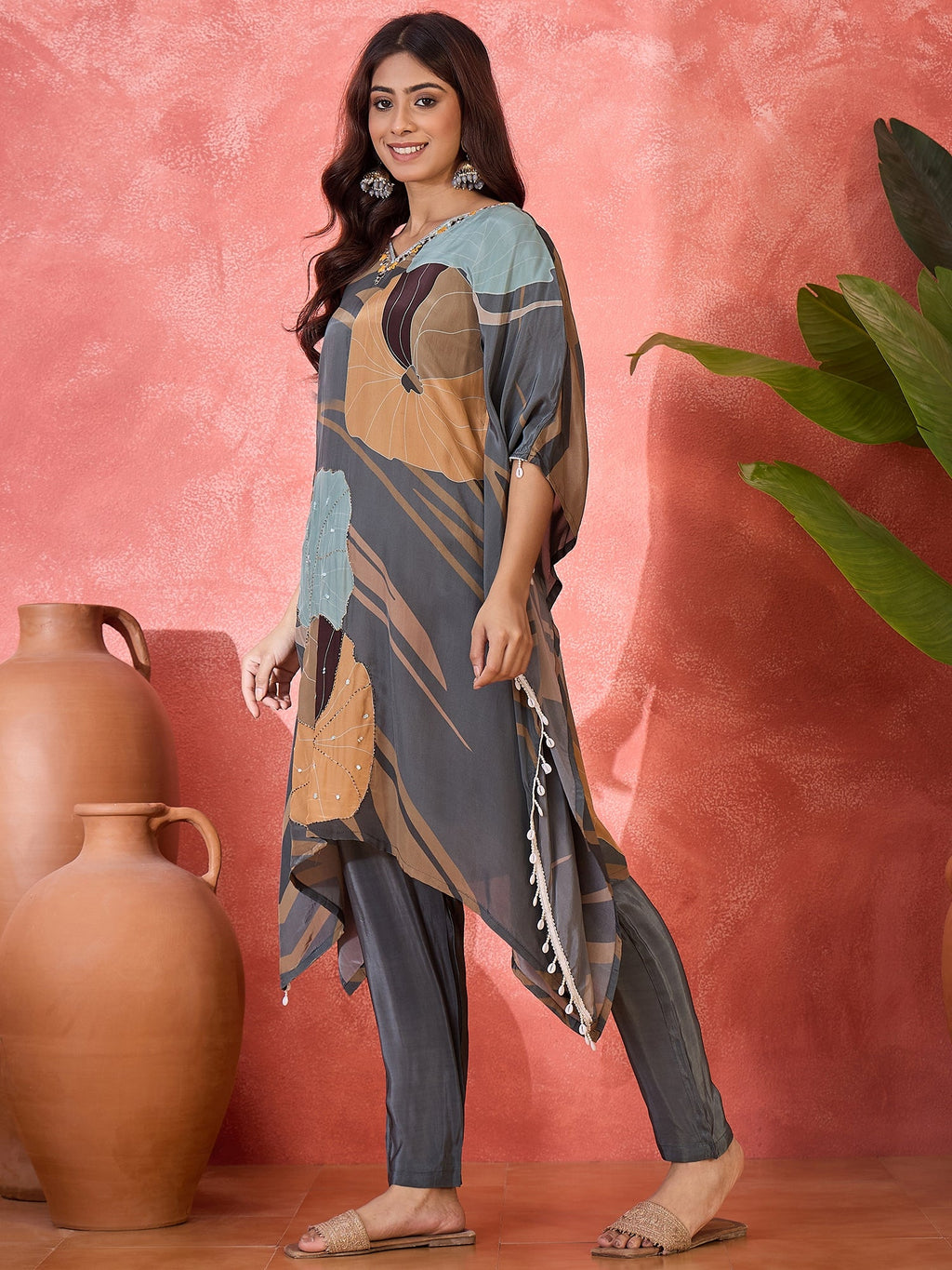 Joban Fashion Grey Silk Printed Readymade Kurta Set - Distacart