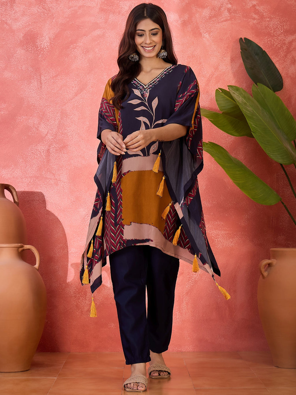 Joban Fashion Navy Blue Silk Printed Readymade Kurta Set - Distacart