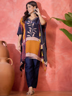 Joban Fashion Navy Blue Silk Printed Readymade Kurta Set - Distacart