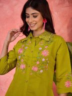 Joban Fashion Green Silk Embroidered Readymade Kurta Set - Distacart