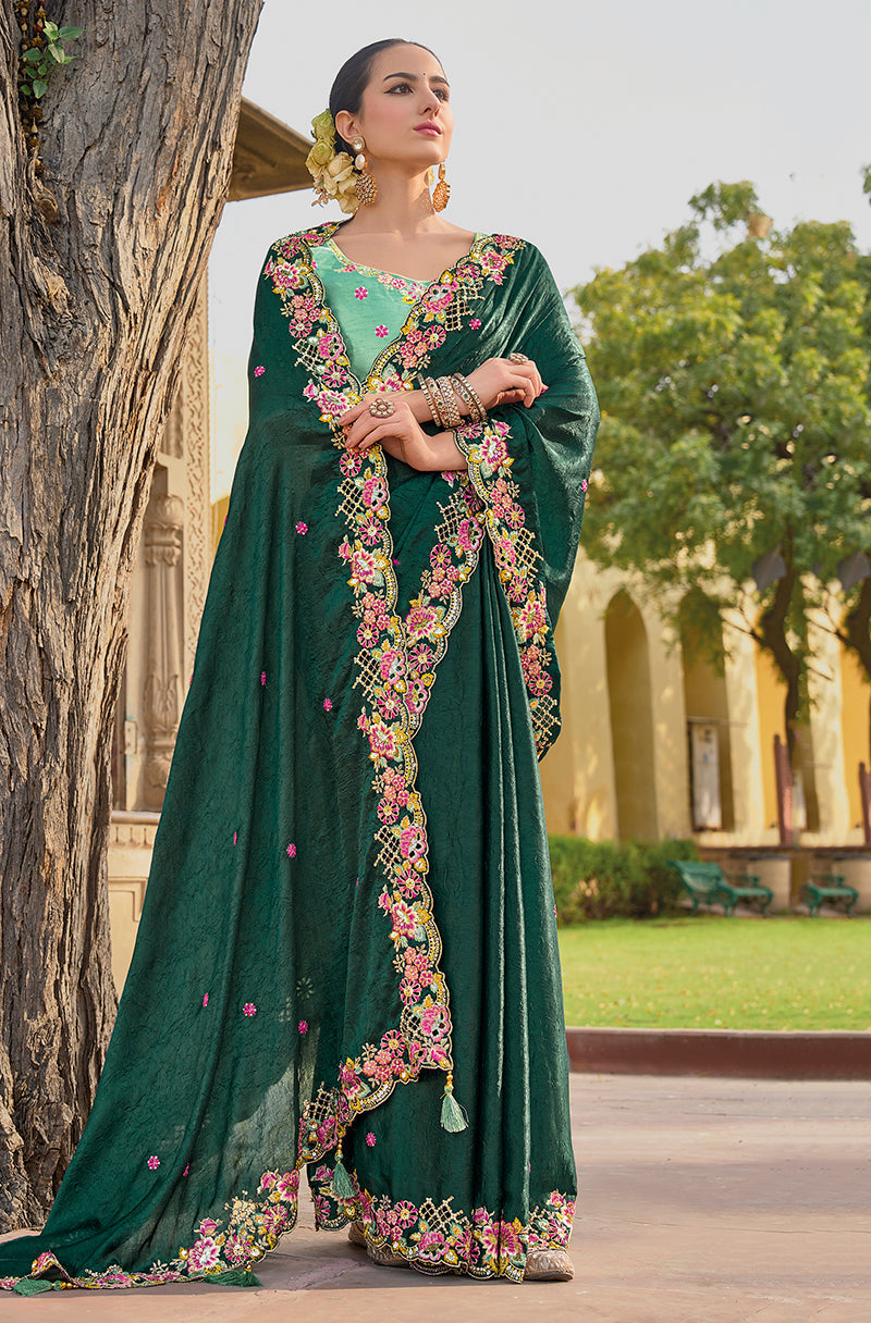 Monjolika Fashion Dark Green Colour Embroidered Organza Silk Party Saree - Distacart