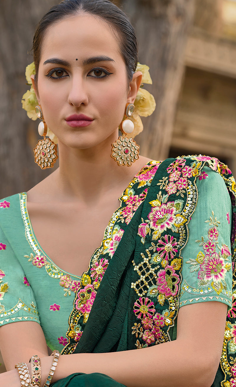 Monjolika Fashion Dark Green Colour Embroidered Organza Silk Party Saree - Distacart