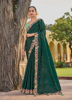 Monjolika Fashion Dark Green Colour Embroidered Organza Silk Party Saree - Distacart