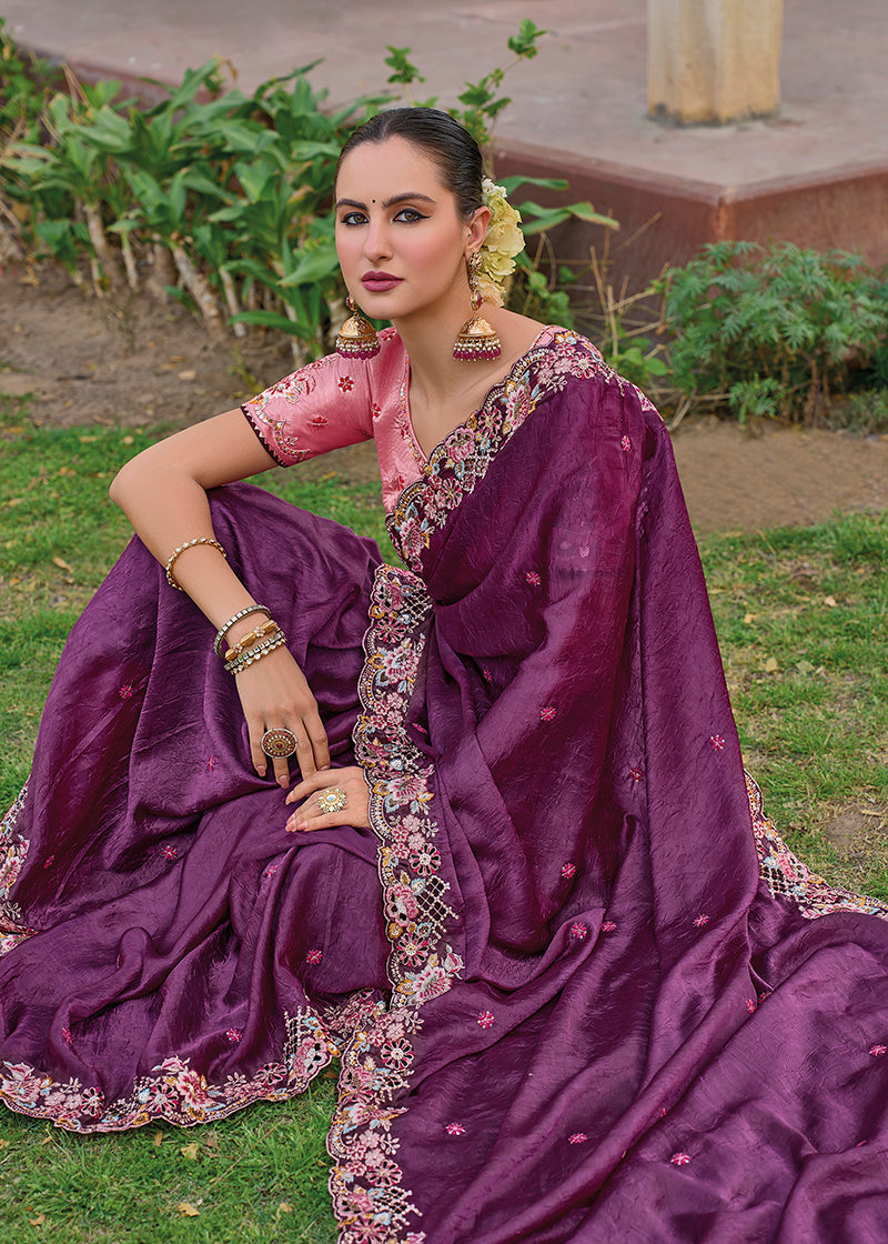 Monjolika Fashion Dark Purple Colour Embroidered Organza Silk Party Saree - Distacart