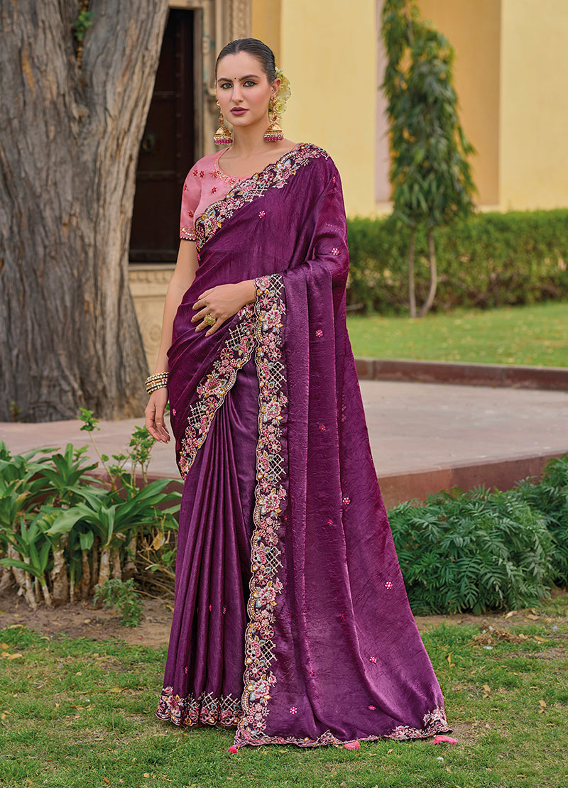 Monjolika Fashion Dark Purple Colour Embroidered Organza Silk Party Saree - Distacart