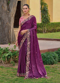 Monjolika Fashion Dark Purple Colour Embroidered Organza Silk Party Saree - Distacart