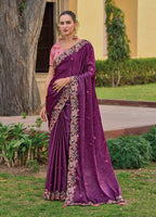 Monjolika Fashion Dark Purple Colour Embroidered Organza Silk Party Saree - Distacart
