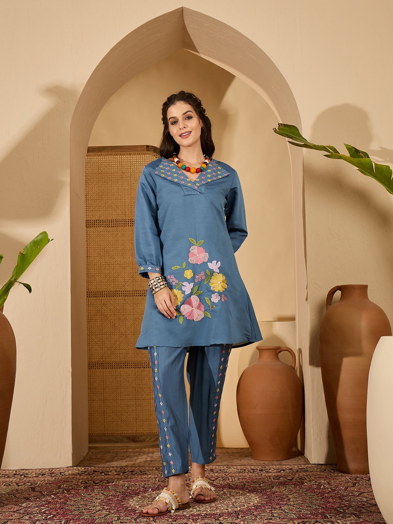 Joban Fashion Blue Silk Embroidered Readymade Kurta Set - Distacart